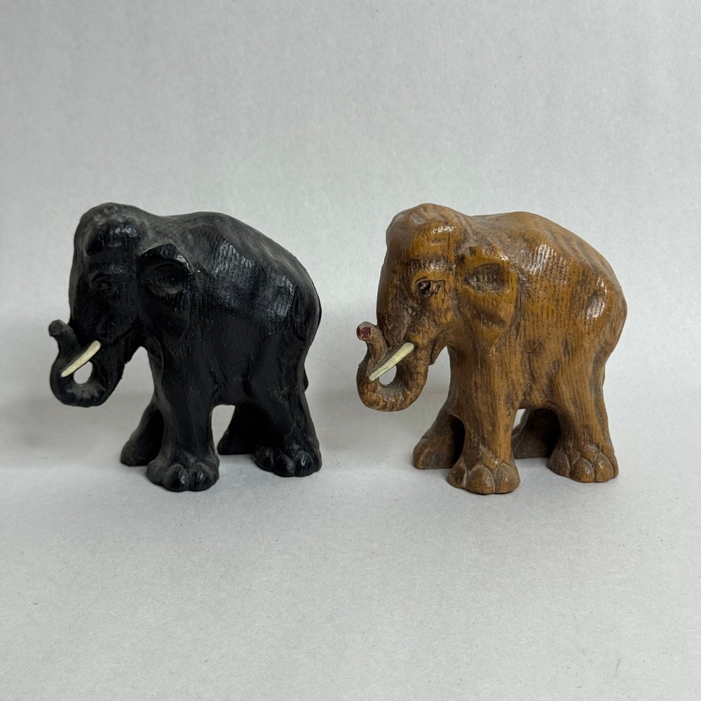 2 Vintage Elephant Figurines Black‎ and Brown Trunk Up Decor Resin
